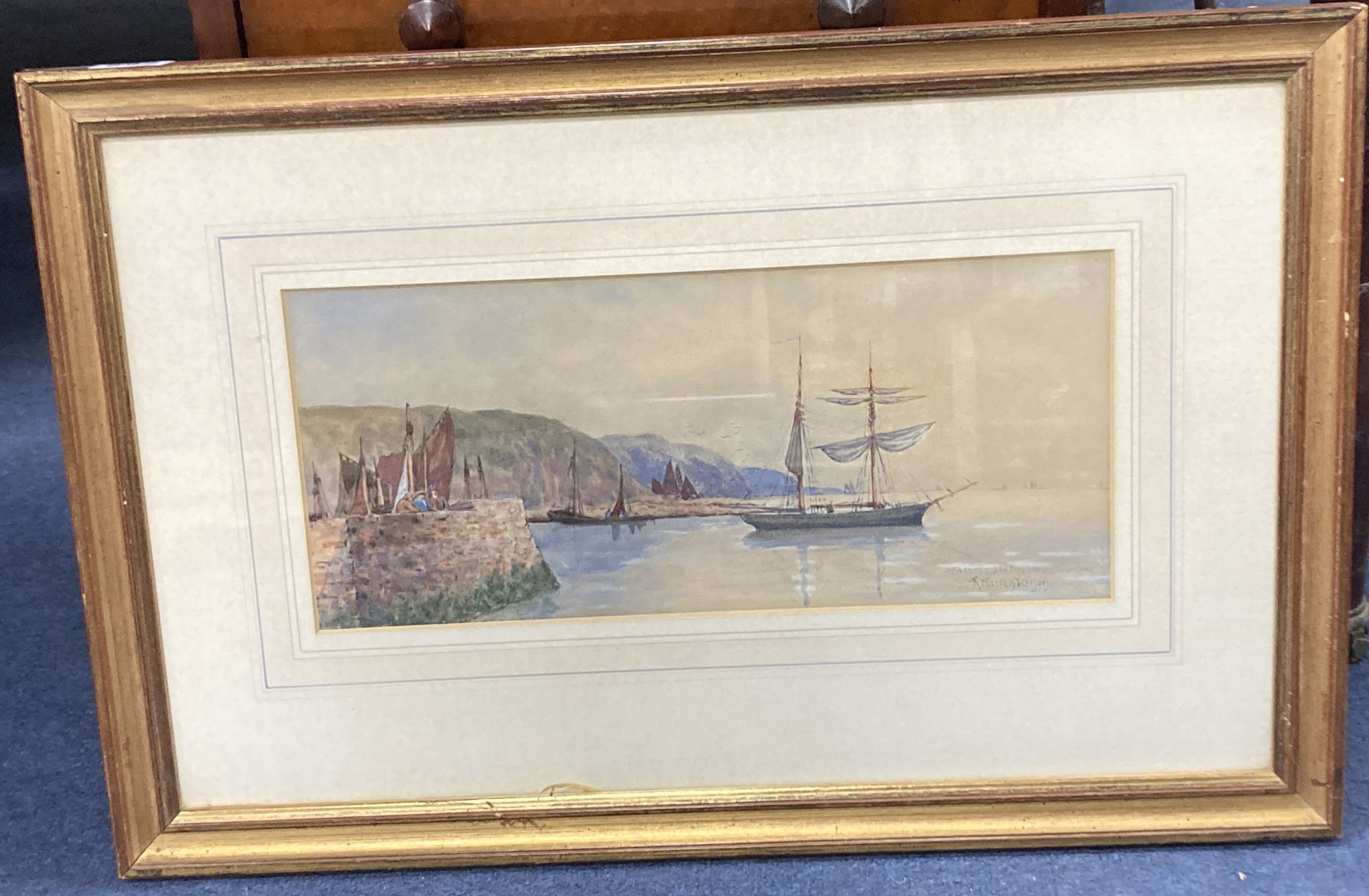 R. Warren Vernon (fl. 1882-1908), watercolour, Schooner in harbour, signed, 15 x 35cm.